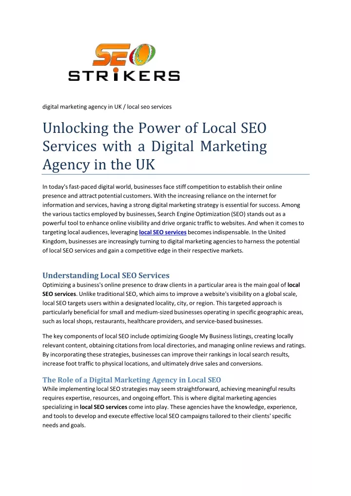 unlocking the power of local seo services with a digital marketing agency in the uk