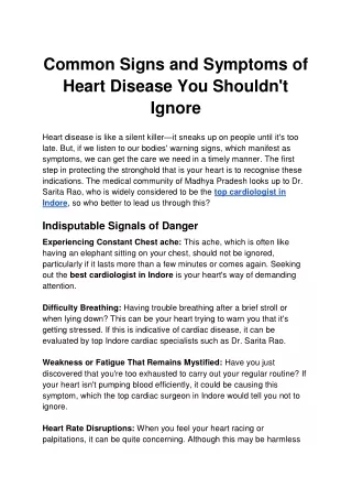 Common Signs and Symptoms of Heart Disease You Shouldn't Ignore
