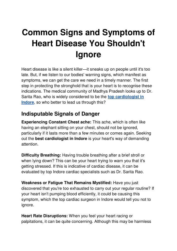 common signs and symptoms of heart disease