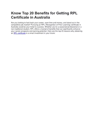 Know Top 20 Benefits for Getting RPL Certificate in Australia
