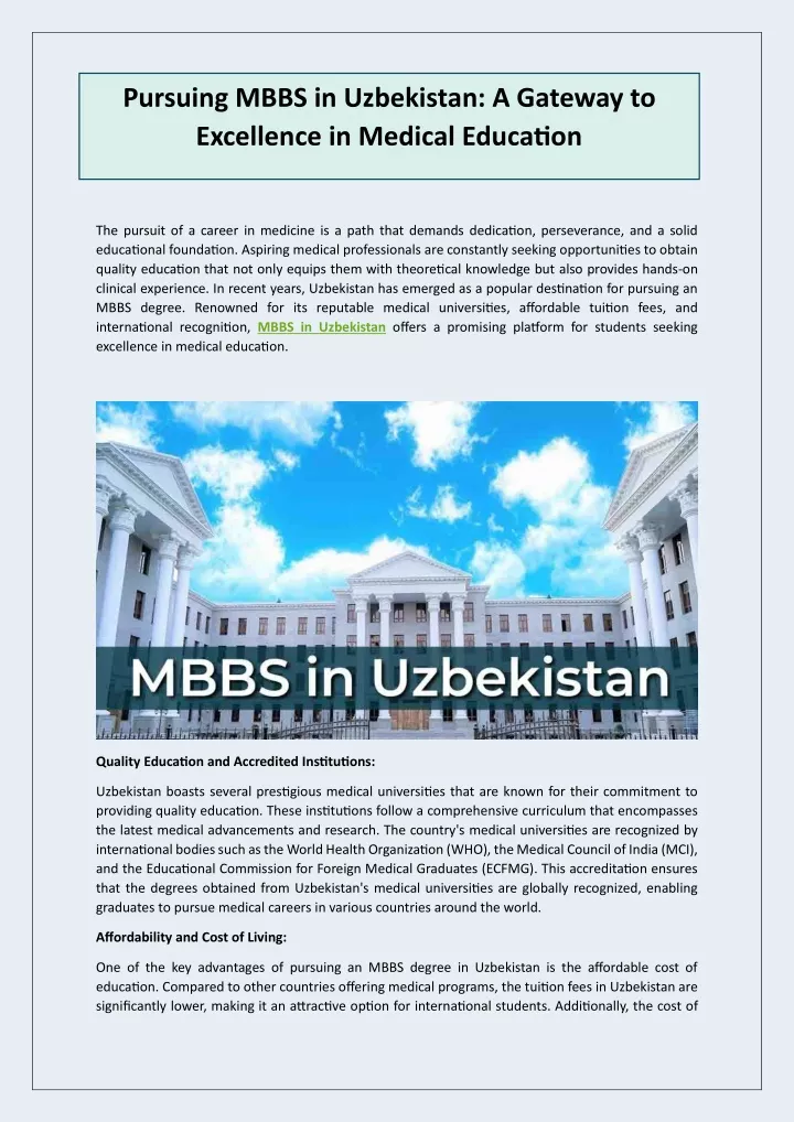 pursuing mbbs in uzbekistan a gateway
