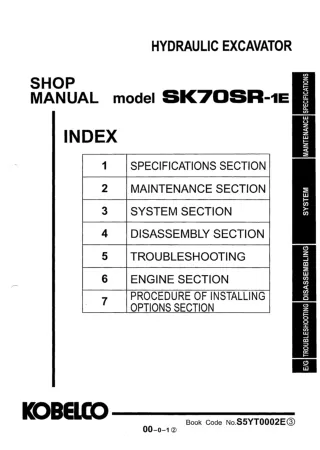 Kobelco SK70SR-1E Crawler Excavator Service Repair Manual (YT02-04001 ～)