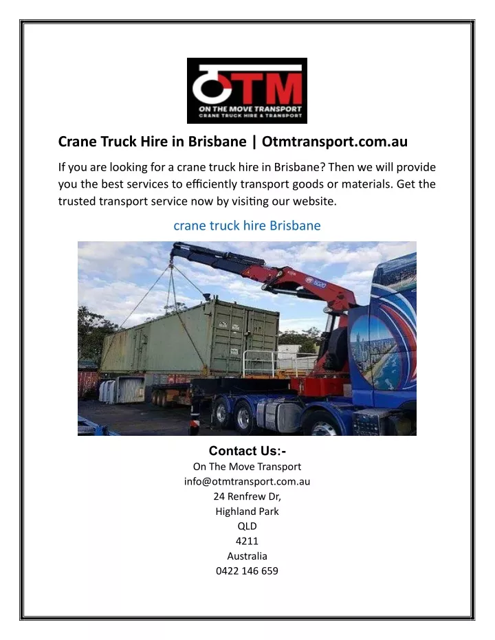 crane truck hire in brisbane otmtransport com au