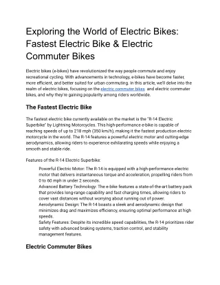 Exploring the World of Electric Bikes_ Fastest Electric Bike & Electric Commuter Bikes