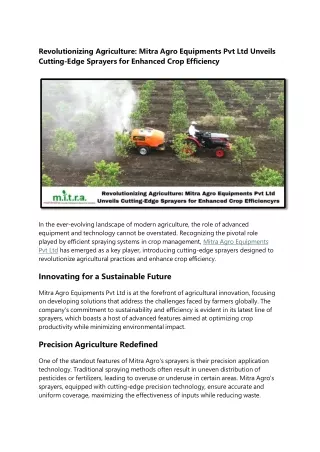 Revolutionizing Agriculture Mitra Agro Equipments Pvt Ltd Unveils Cutting-Edge Sprayers for Enhanced