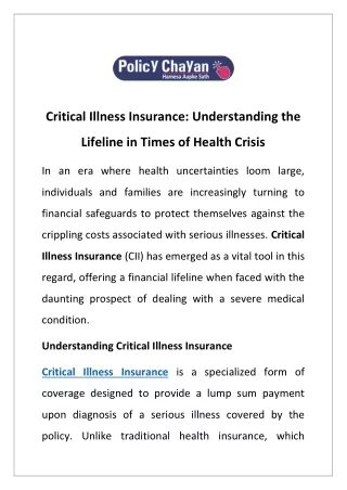 Critical Illness Insurance: Understanding the Lifeline in Times of Health Crisis