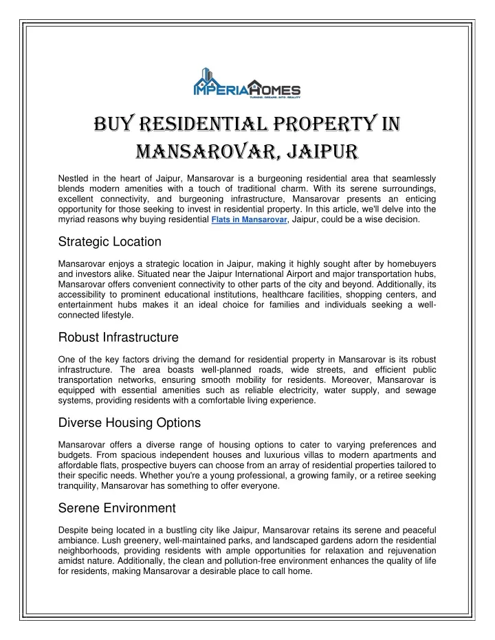 buy residential property in mansarovar jaipur