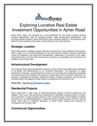 Exploring Lucrative Real Estate Investment Opportunities in Ajmer Road