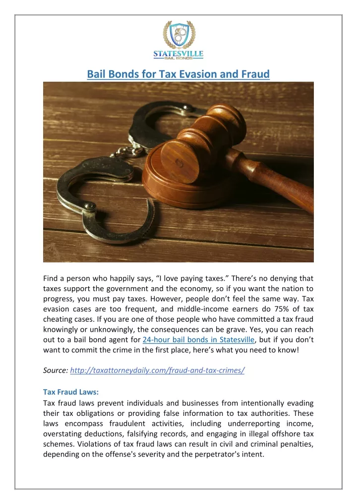 bail bonds for tax evasion and fraud