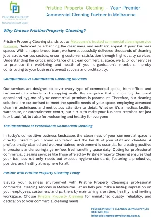 Pristine Property Cleaning - Your Premier Commercial Cleaning Partner in Melbourne