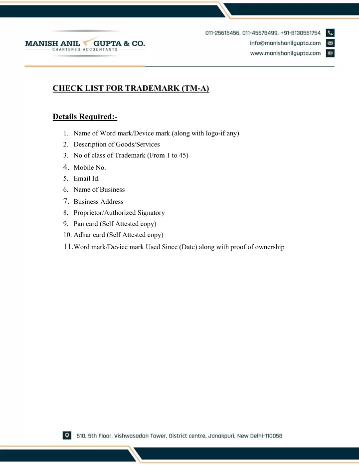 check list for trademark tm a