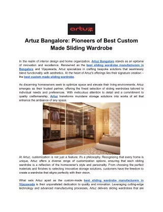 Artuz Bangalore - Pioneers of Best Custom Made Sliding Wardrobe