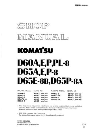 Komatsu D65P-8A Dozer Bulldozer Service Repair Manual SN：45001 and up