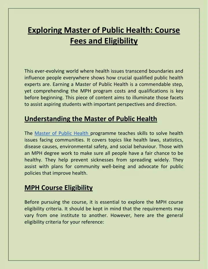 exploring master of public health course fees