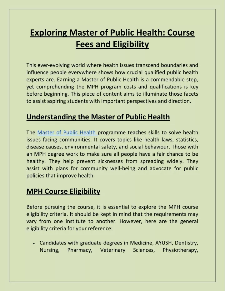 exploring master of public health course fees