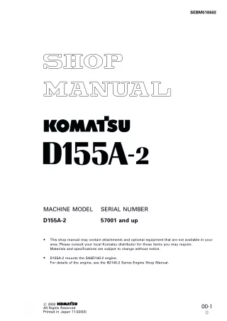 Komatsu D155A-2 Dozer Bulldozer Service Repair Manual SN 57001 and up