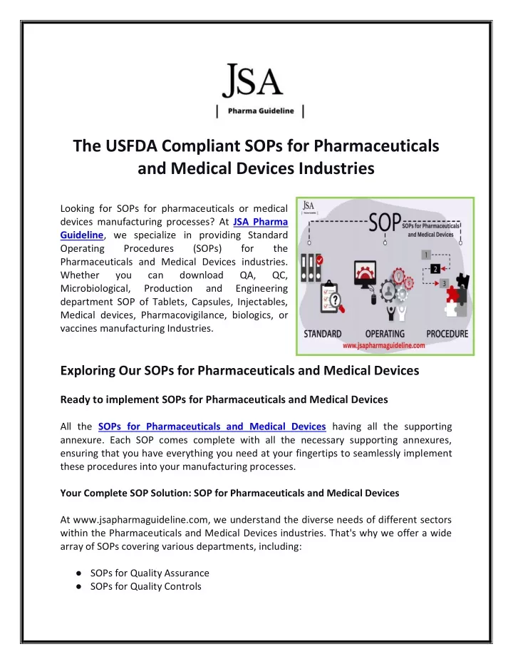 the usfda compliant sops for pharmaceuticals