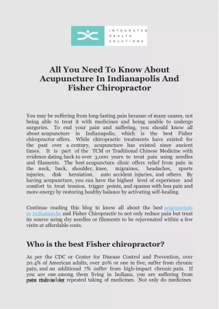 All You Need To Know About Acupuncture In Indianapolis And Fisher Chiropractor