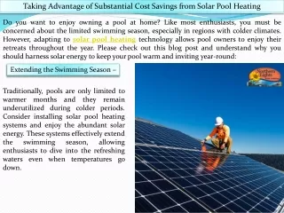 Taking Advantage of Substantial Cost Savings from Solar Pool Heating