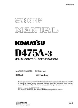 Komatsu D475A-3 Dozer Bulldozer Service Repair Manual SN 10727 and up