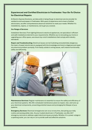 Experienced and Certified Electrician in Freshwater- Your Go-To Choice for Electrical Repairs