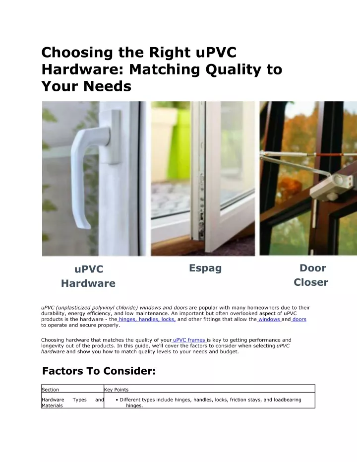 choosing the right upvc hardware matching quality