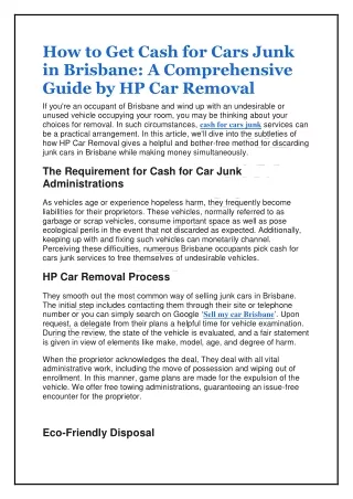How to Get Cash for Cars Junk in Brisbane: A Comprehensive Guide by HP Car Remov