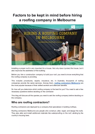 Factors to be kept in mind before hiring a roofing company in Melbourne