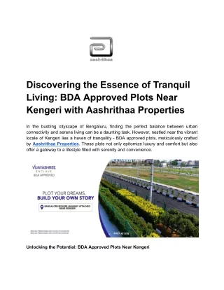 Discovering the Essence of Tranquil Living_ BDA Approved Plots Near Kengeri with Aashrithaa Properties
