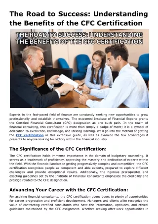 The Road to Success: Understanding the Benefits of the CFC Certification