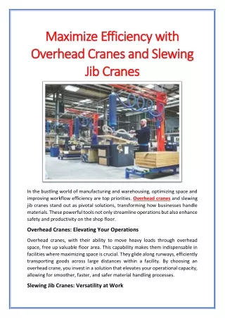 Maximize Efficiency with Overhead Cranes and Slewing Jib Cranes