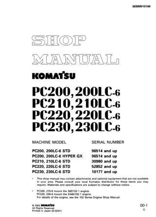 Komatsu PC220, 220LC-6 STD Hydraulic Excavator Service Repair Manual SN：52852 and up