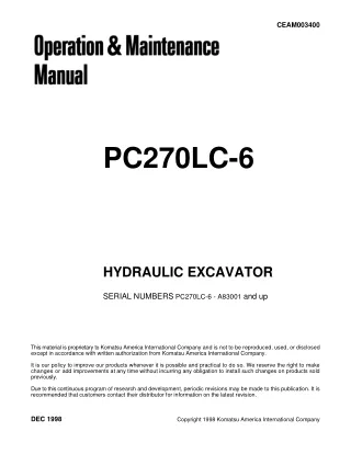 Komatsu PC270LC-6 Hydraulic Excavator operator’s manual SN A83001 and up