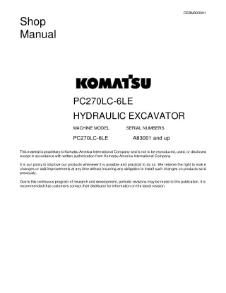 Komatsu PC270LC-6LE Hydraulic Excavator Service Repair Manual SN：A83001 and up