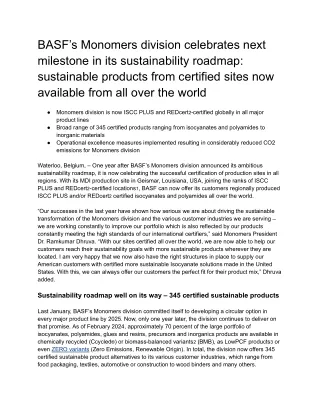 BASF’s Monomers division celebrates next milestone in its sustainability roadmap_ sustainable products from certified si
