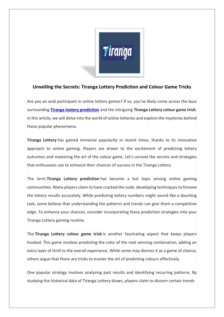 unveiling the secrets tiranga lottery prediction