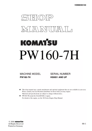 Komatsu PW160-7H Hydraulic Excavator Service Repair Manual SN H50051 and up