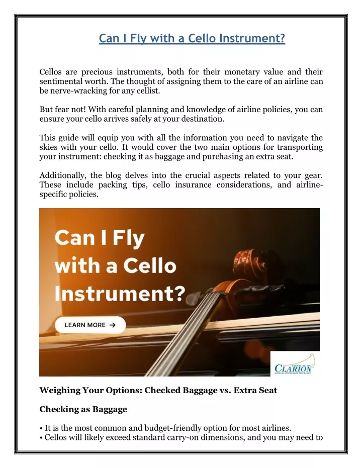 can i fly with a cello instrument