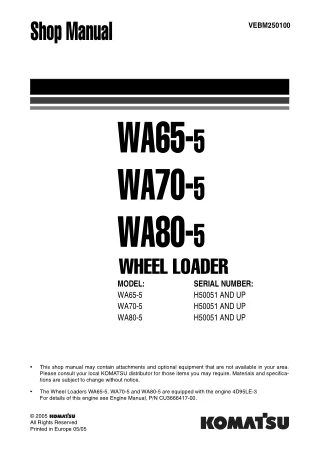Komatsu WA65-5 Wheel Loader Service Repair Manual SNH50051 and up