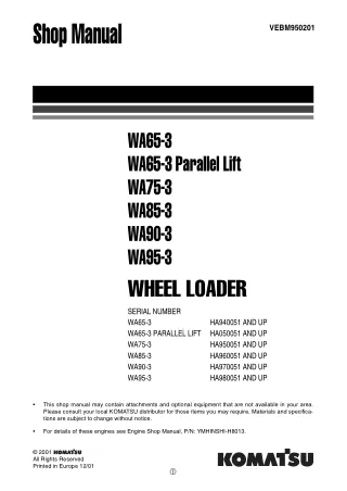 KOMATSU WA85-3 WHEEL LOADER Service Repair Manual SN：HA960051 AND UP