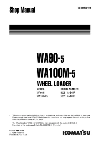 Komatsu WA90-5 Wheel Loader Service Repair Manual (SN 50051 and up)