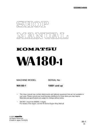 KOMATSU WA180-1 WHEEL LOADER Service Repair Manual SN10001 and up