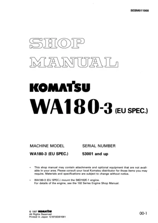 Komatsu WA180-3 (EU-SPEC.) Wheel Loader Service Repair Manual SN53001 and up