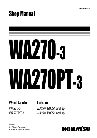 KOMATSU WA270PT-3 WHEEL LOADER Service Repair Manual SN：WA270H30051 and up
