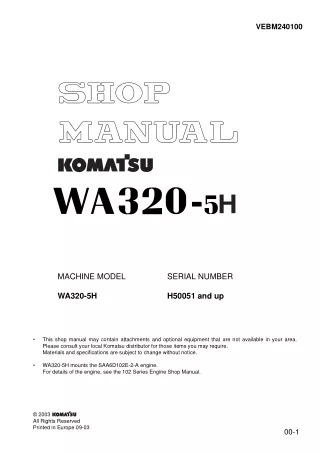 KOMATSU WA320-5H WHEEL LOADER Service Repair Manual SN：H50051 and up