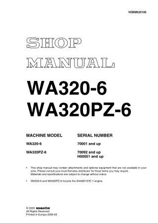 Komatsu WA320PZ-6 Wheel Loader Service Repair Manual SN：70092 and up