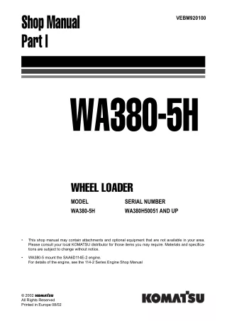 KOMATSU WA380-5H WHEEL LOADER Service Repair Manual SN：WA380H50051 and up