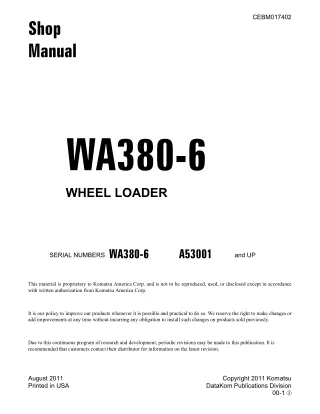 Komatsu WA380-6 Wheel Loader Service Repair Manual SN A53001 and up