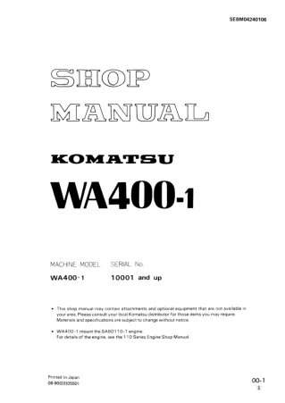 Komatsu WA400-1 Wheel Loader Service Repair Manual SN：10001 and up