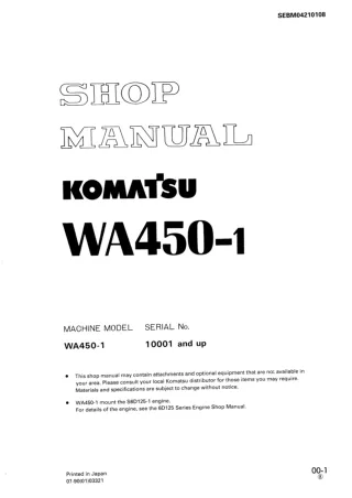 Komatsu WA450-1 Wheel Loader Service Repair Manual (WA450-1 Serial 10001 and up)